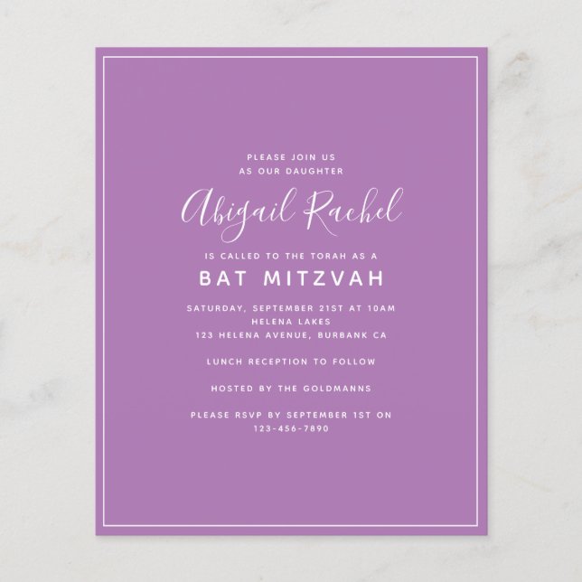 Papier Invitation du Bat mitzvah budget moderne violet (Devant)