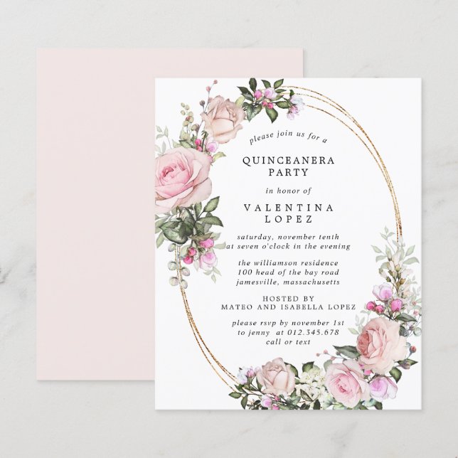 Papier Invitation du parti Quinceanera Floral Rose Budget (Devant / Derrière)