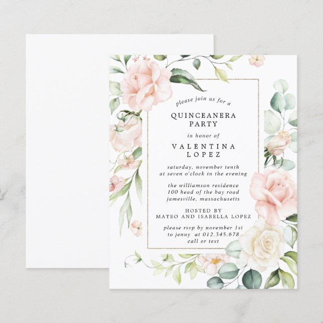 Papier Invitation du parti Quinceanera Floral Rose Budget (Devant / Derrière)