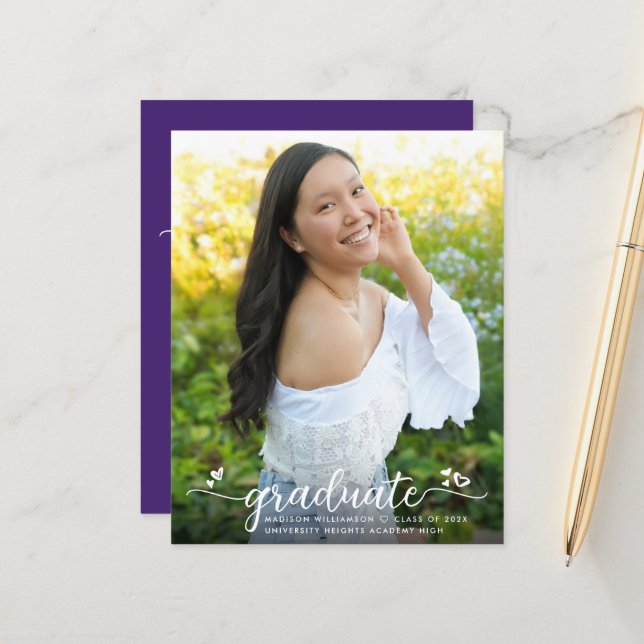 Papier Invitation du script de graduation photo violet bu (Devant/Arrière en situation)