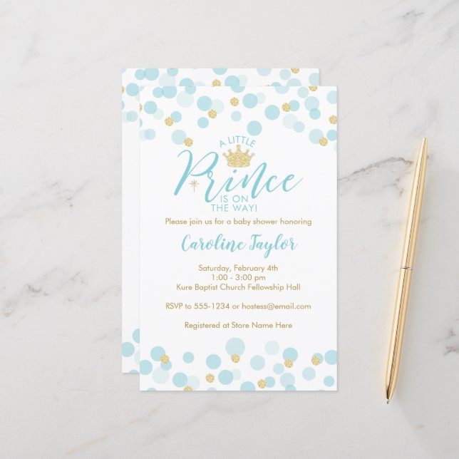 Papier Invitation d'un petit Baby shower d'or bleu Prince (Devant/Arrière en situation)