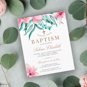 Papier Invitation élégante de baptême à fleurs roses et b