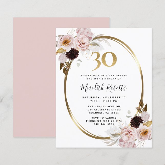 Papier Invitation fête 30 ans budget rose gold (Devant / Derrière)