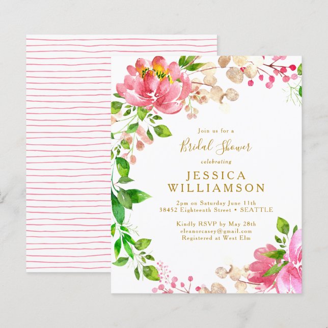 Papier Invitation Fête des mariées florale rose budget (Devant / Derrière)