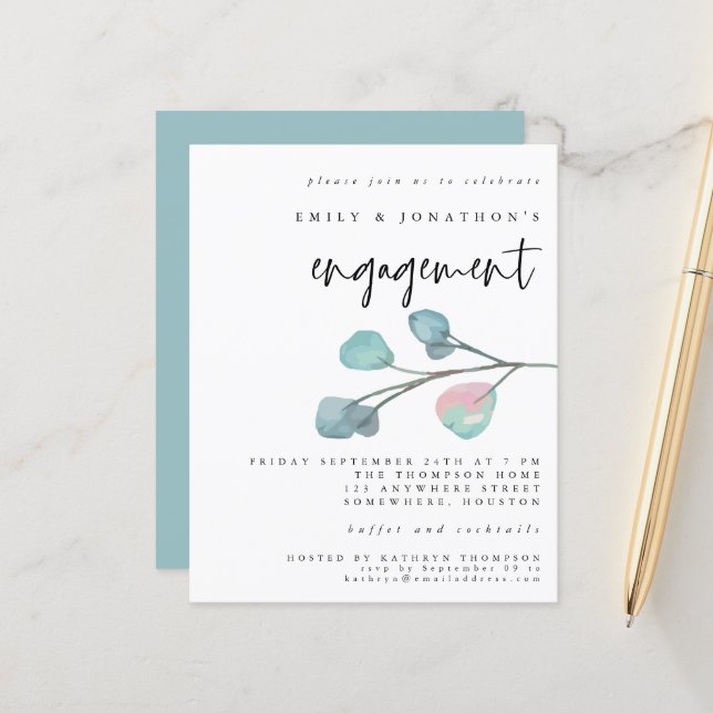 Papier Invitation Fiançailles Budget Pastel Eucalyptus (Devant/Arrière en situation)