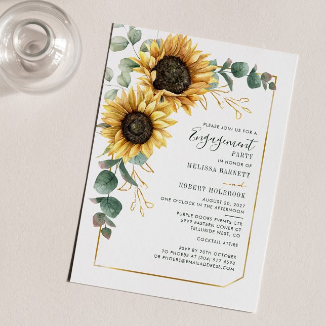 Papier Invitation Fiançailles de tournesol floral Eucalyp (Sunflower Eucalyptus Engagement Party Invitation)