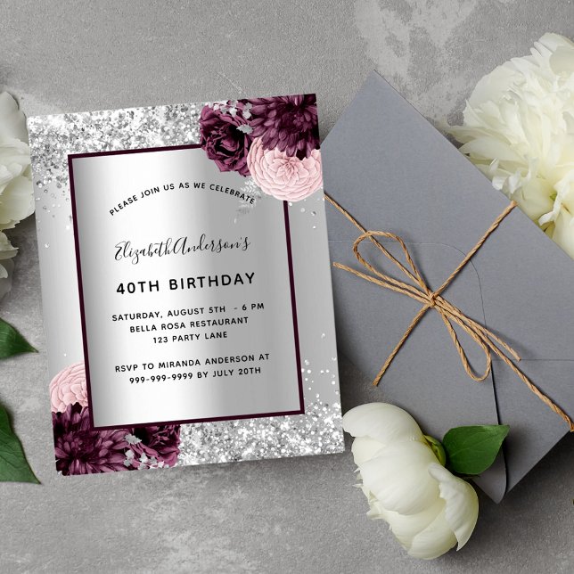 Papier Invitation florale bordeaux argentée (Créateur téléchargé)