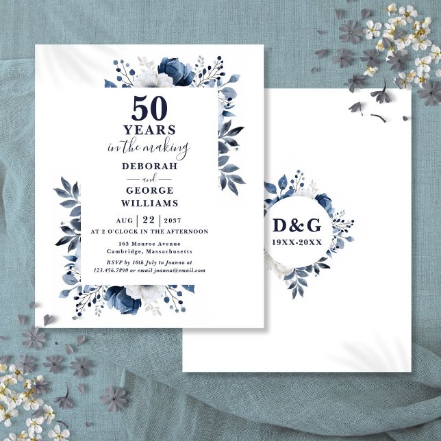 Papier Invitation florale pour les 50 ans de mariage Budg (Budget Navy 50th Wedding Anniversary Floral Invite)