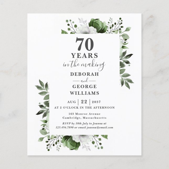 Papier Invitation florale pour les 70 ans de mariage (Devant)