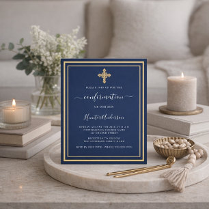 Papier Invitation garçon croix dorée sur fond bleu marine
