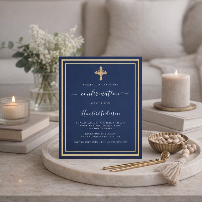 Papier Invitation garçon croix dorée sur fond bleu marine (Créateur téléchargé)