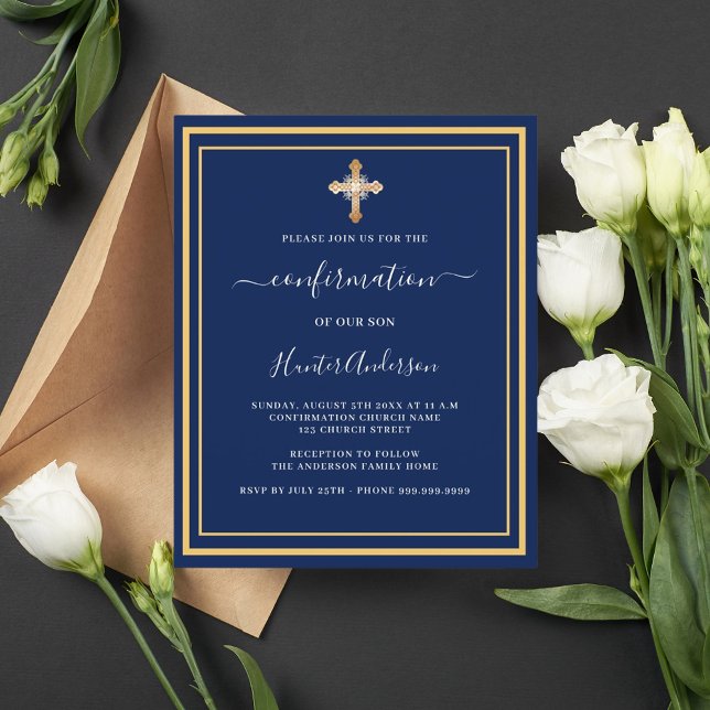 Papier Invitation garçon croix dorée sur fond bleu marine (Créateur téléchargé)