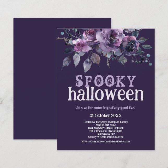 Papier Invitation Halloween fantaisie fleurs violettes pe (Devant / Derrière)