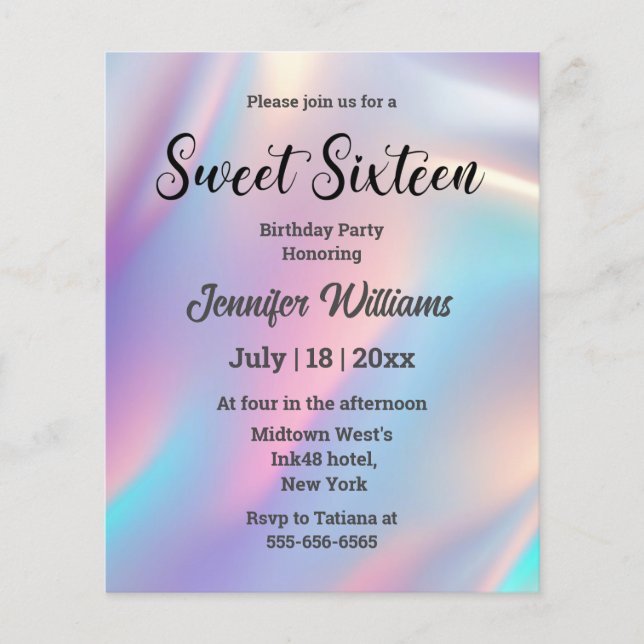 Papier invitation holographique sweet sixteen (Devant)