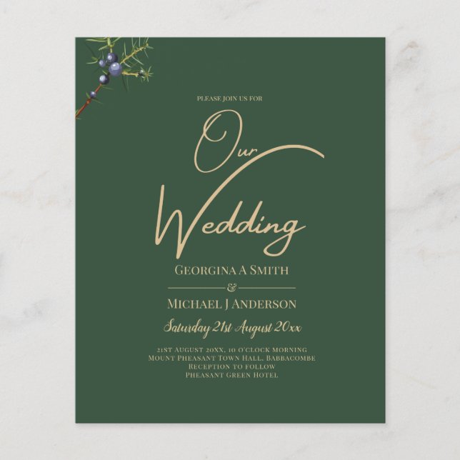 Papier Invitation JUNIPER Green Gold Mariage moderne (Devant)