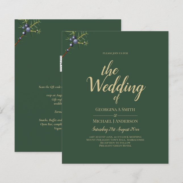 Papier Invitation JUNIPER Green Gold Mariage moderne (Devant / Derrière)