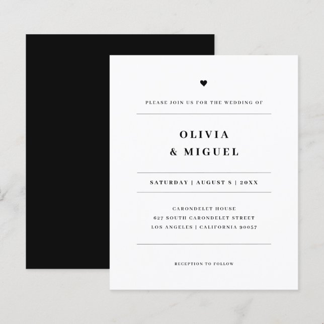 Papier Invitation Mariage simple et moderne en noir et bl (Devant / Derrière)