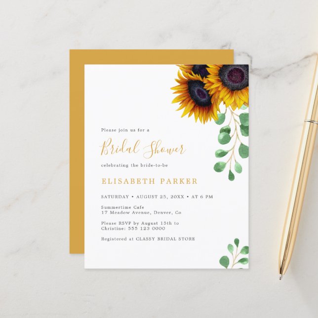 Papier Invitation nuptiale de tournesol budget eucalyptus (Devant/Arrière en situation)