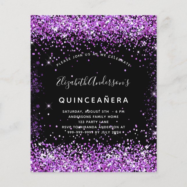 Papier Invitation pailletée noire et violette pour Quince (Devant)