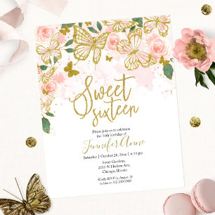 Papier Invitation papillon Budget Sweet 16 Floral rose
