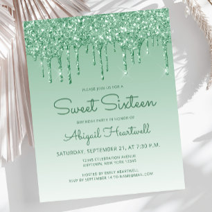 Papier Invitation pas chère Sweet 16 Glitter Drip Verte