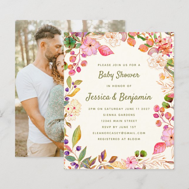 Papier Invitation photo Baby shower floral d'aquarelle bu (Devant / Derrière)