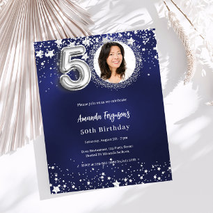 Papier Invitation photo bleu marine argent pour 50e anniv