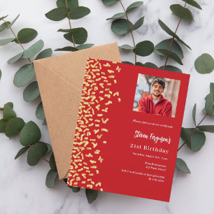 Papier Invitation photo en or rouge anniversaire