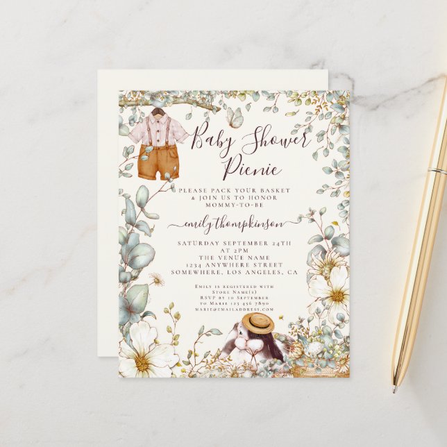 Papier Invitation pique-nique pour Baby Shower : Lapin ré (Devant/Arrière en situation)