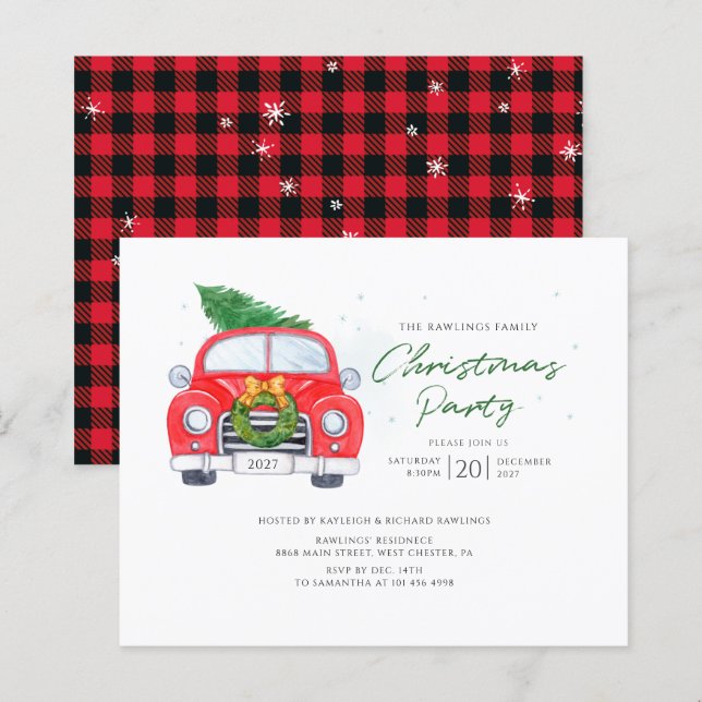 Papier Invitation Plaid Rustic Car Christmas Party (Devant / Derrière)