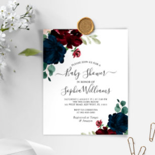 Papier Invitation pour Baby Shower Budget Navy & Bourgogn