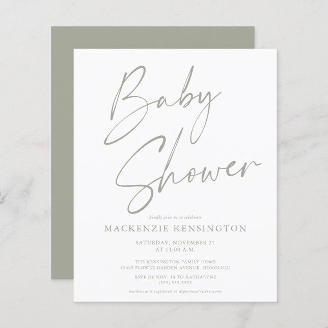 Papier Invitation pour Baby Shower Budget Sage Olive Gree (Devant / Derrière)