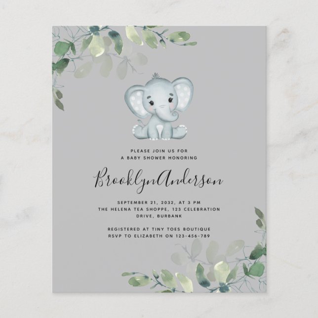 Papier Invitation pour Baby Shower éléphant eucalyptus BU (Devant)