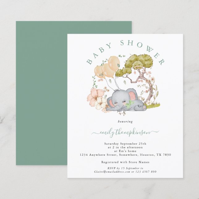 Papier Invitation pour Baby Shower "Garçon éléphant sage  (Devant / Derrière)