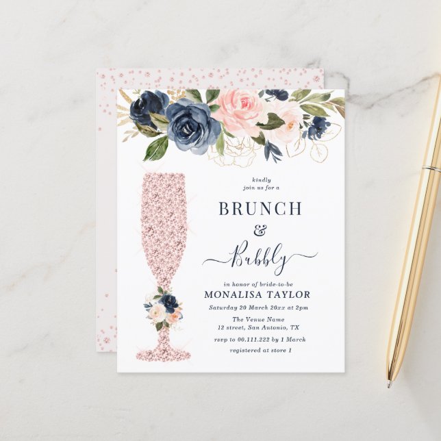 Papier invitation pour brunch de mariée marine et floral  (Devant/Arrière en situation)