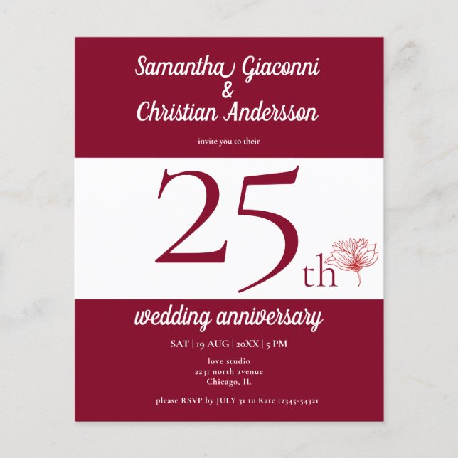 Papier Invitation pour les 25 ans de mariage Budget Flora (Devant)