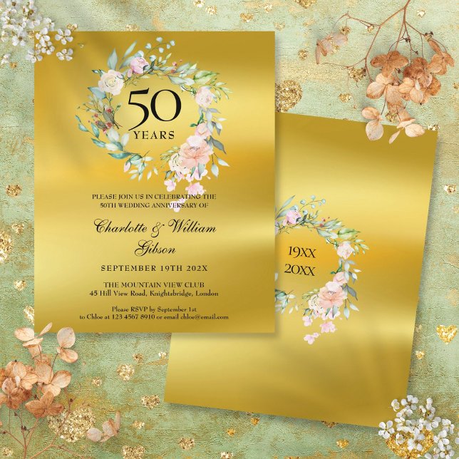 Papier Invitation pour les 50 ans de mariage Budget Flora (Budget Floral Gold 50th Anniversary Invitation)