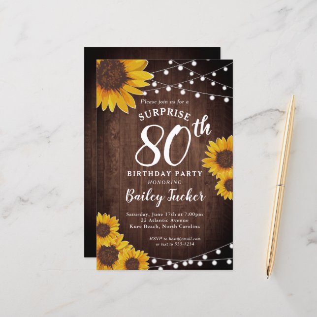 Papier Invitation pour les 80 ans Surprise au Tournesol R (Devant/Arrière en situation)