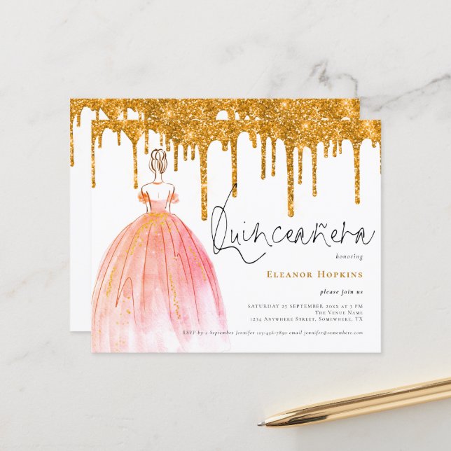 Papier Invitation Quinceañera avec gouttes de paillettes  (Devant/Arrière en situation)