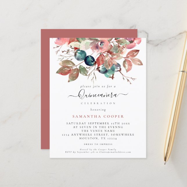 Papier Invitation Quinceañera Fleurs Roses Aquarelle Budg (Devant/Arrière en situation)