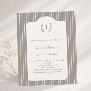 Papier Invitation rayée taupe et ivoire pour anniversaire