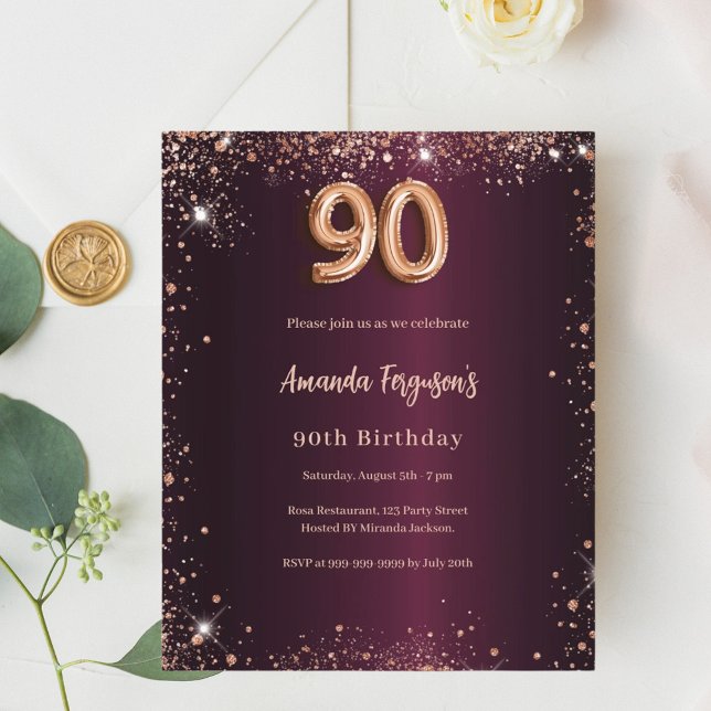 Papier Invitation rose gold et burgundy pour 90e annivers (Créateur téléchargé)