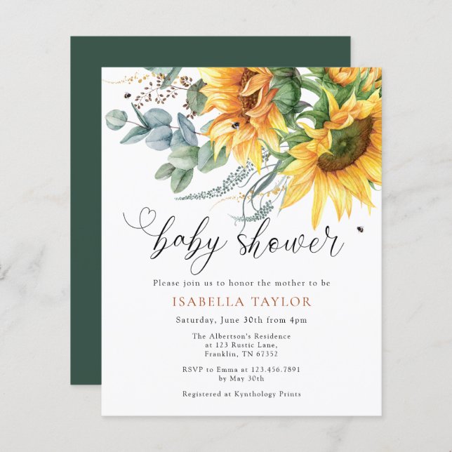 Papier Invitation Rustique Baby shower Budget Tournesol (Devant / Derrière)