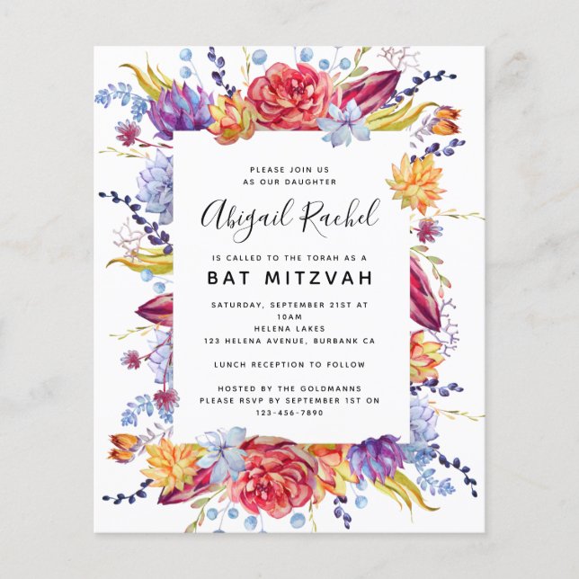 Papier Invitation Succulente du Bat mitzvah BUDGET (Devant)