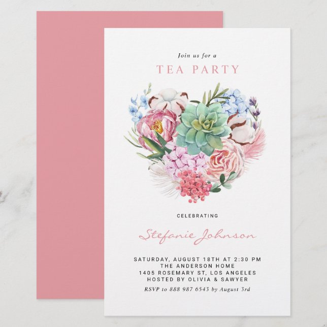 Papier Invitation Succulente Floral Heart Tea Party (Devant / Derrière)
