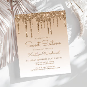 Papier Invitation Sweet 16 pas chère Glitter Drip Or