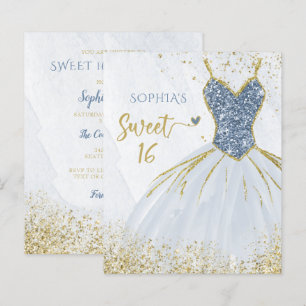 Papier Invitation Sweet 16 Robe Bleue Poussiéreuse Or Bud