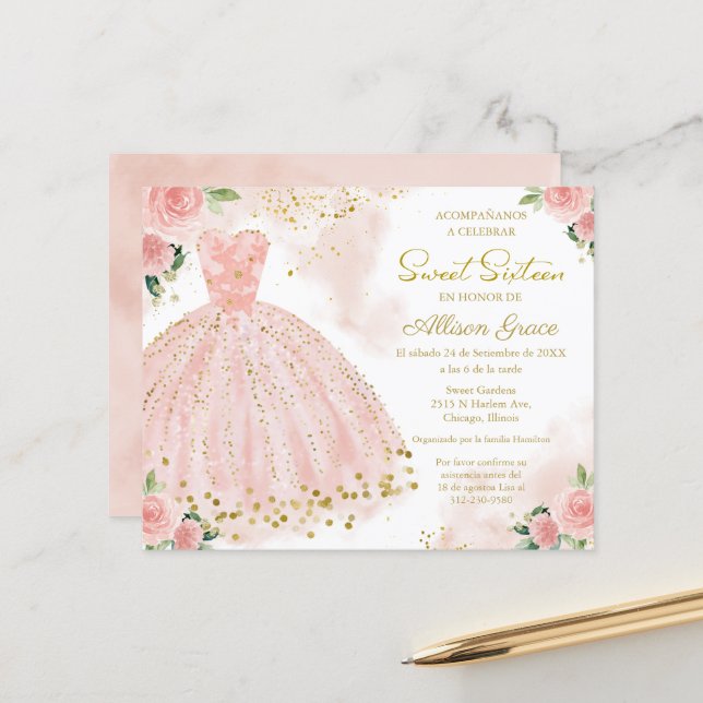 Papier Invitation Sweet sixteen Budget Gold Blush Gown (Devant/Arrière en situation)
