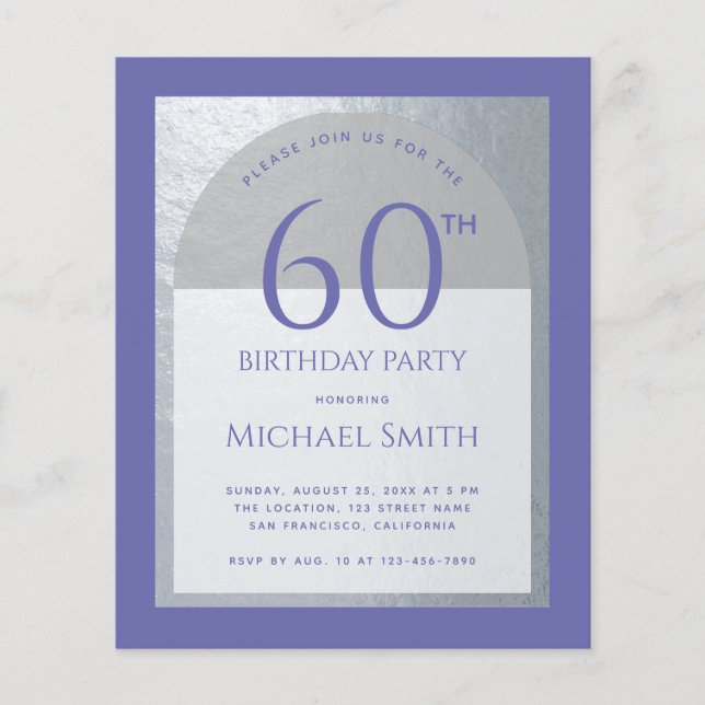 Papier Invitation Violet Faux Argent pour les 60 ans (Devant)