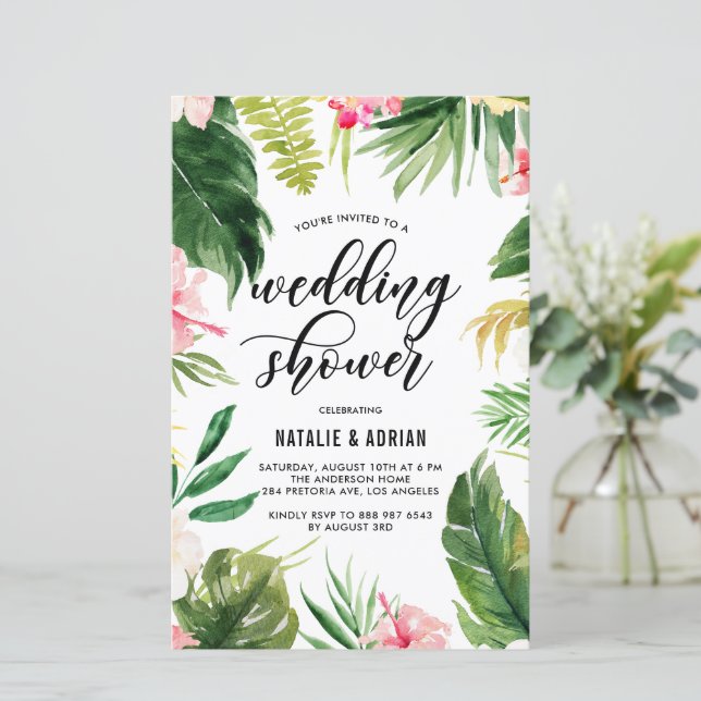 Papier Invitation Wedding shower de trame tropicale aquar (Debout devant)
